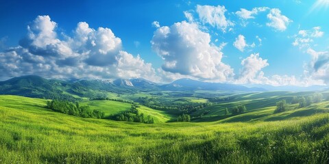 Fototapeta premium Breathtaking landscape showcasing a vibrant green valley bathed in light, featuring lush green grass and a fresh summer day under a bright blue sky adorned with fluffy white clouds.