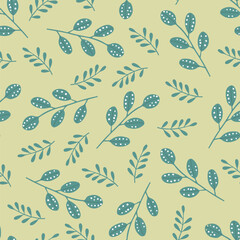 Seamless botanical pattern with green branches and leaves on a light green background