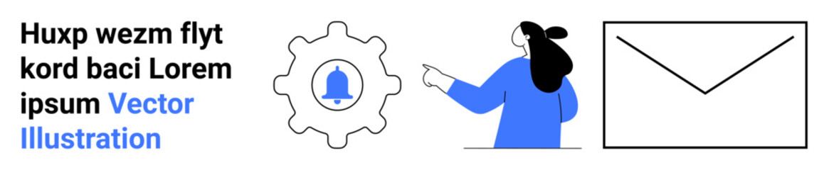 Character in blue pointing at gear with bell notification icon next to text. Ideal for website notifications, email marketing, business communication, productivity tools, digital reminders, workflow