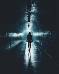 A silhouetted figure stands in a dimly lit tunnel, creating a mysterious atmosphere.