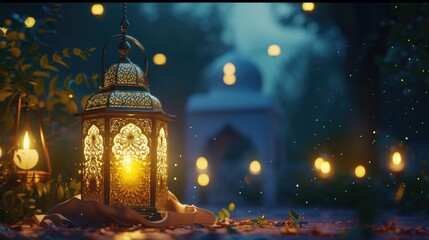 Obraz premium Illuminated Lantern Amidst Nighttime Garden Lights