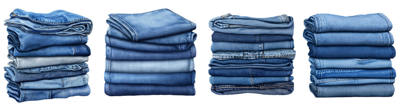 Stack of folded blue denim jeans isolated on transparent background.