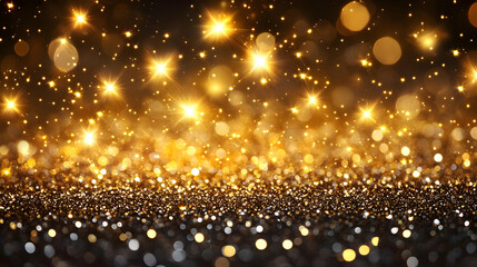 Naklejka premium Golden Glitter Sparkles Shine Brightly on a Dark Background with Bokeh Effect