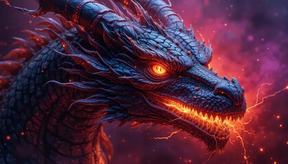 Fiery Obsidian Dragon Head Close Up Portrait
