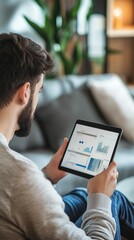 A man reviews financial data on a tablet while seated comfortably in a modern living space.