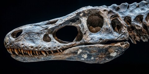 Close up view of a fossilized dinosaur skull showcasing the unique features of the Liopleurodon, a fascinating subject for those interested in paleontology and prehistoric life.