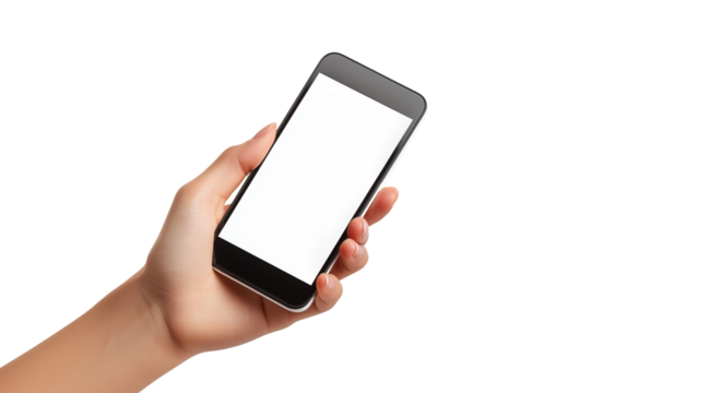 PNG, Gadget, smartphone in hand, isolated on white background, generated by Generative AI technology.