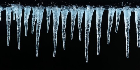 Icicles formed by ice hang from the roof, illustrating a winter scene. These icicles embody the essence of subfreezing weather, perfect for a spring snowbreak concept. Black background provides copy