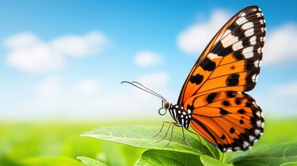 Obraz premium Vibrant Butterfly Sitting on Leaf Against Blue Sky Background