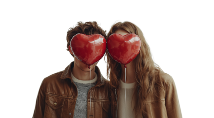 Valentine's Day, man and woman with heart-shaped balloons at face level close up, created with Generative AI technology, PNG