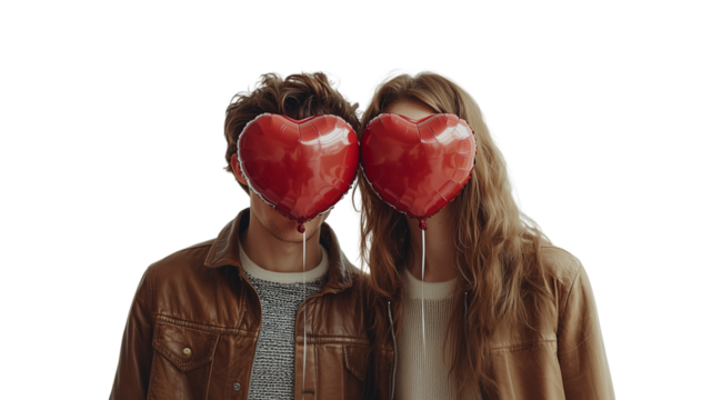 Valentine's Day, man and woman with heart-shaped balloons at face level close up, created with Generative AI technology, PNG