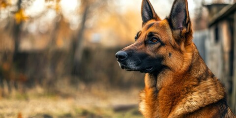 Fototapeta premium A German Shepherd Dog is featured prominently, while the background appears out of focus, creating a striking contrast that highlights the dogs distinct features.