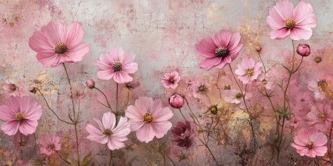 Delicate vintage pink cosmos flowers create a charming scene, showcasing the beauty of vintage pink cosmos flowers in full bloom, radiating elegance and a touch of nostalgia.
