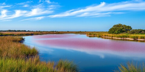Fototapeta premium Stunning landscape featuring pink salt marshes, showcasing the natural beauty of salt marshes in a serene setting, perfect for highlighting the allure of pink salt marshes.
