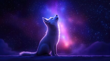 Majestic white wolf howling under starry sky cosmic nightscape dreamy atmosphere fantasy concept