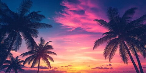 Silhouettes of coconut palm trees against a stunning sunset create a picturesque scene. The coconut palm trees enhance the beauty of the vibrant sunset, perfect for tropical imagery.