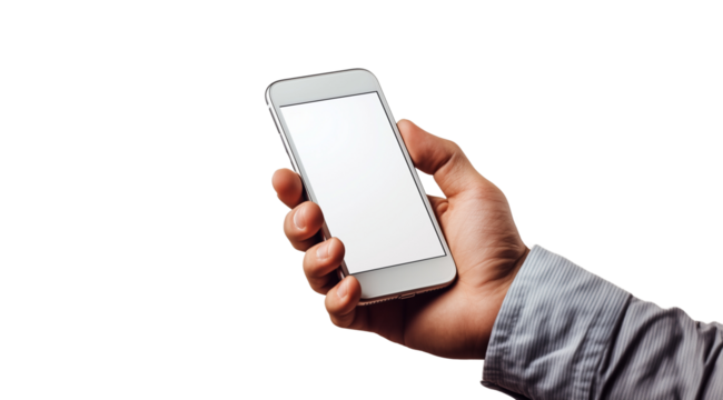 PNG, Gadget, smartphone in hand, isolated on white background, generated by Generative AI technology.