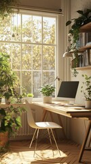 Fototapeta premium A cozy home office with a large window, filled with plants, a wooden desk, and a computer, creating a bright and inviting workspace.