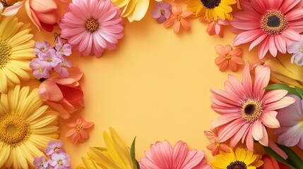 Spring themed banner featuring vibrant spring flowers, designed to create a cheerful atmosphere. This spring banner offers ample copy space for your messages and announcements in a festive style.