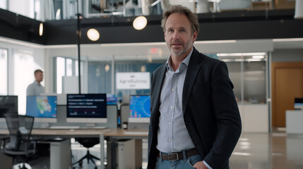 Obraz premium An American tech executive in a casual blazer and jeans, standing in a bright open office with digital displays in the background.