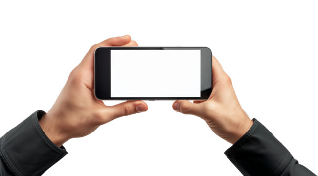 PNG, Gadget, smartphone in hand, isolated on white background, generated by Generative AI technology.