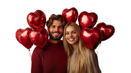 Valentine's day, happy man and woman and red heart shaped balloons close up, created with Generative AI technology, PNG