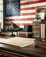 Naklejka premium A vintage office setting featuring an American flag backdrop, a wooden desk with books, a lamp, and historical documents.