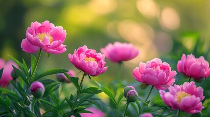 Obraz premium Stunning peony flowers bloom in the morning, showcasing their vibrant colors and delicate petals. These beautiful peony flowers create a breathtaking display in the soft morning light.