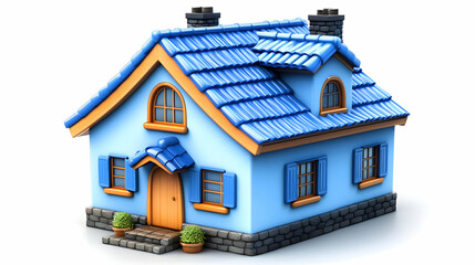 3D Illustration of a Blue House with Brown Door, Windows, and Blue Roof on White Background