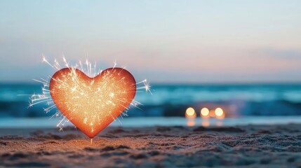 Fototapeta premium Valentine romance idea. Sparkling heart decoration on the beach at sunset, symbolizing love and joy.