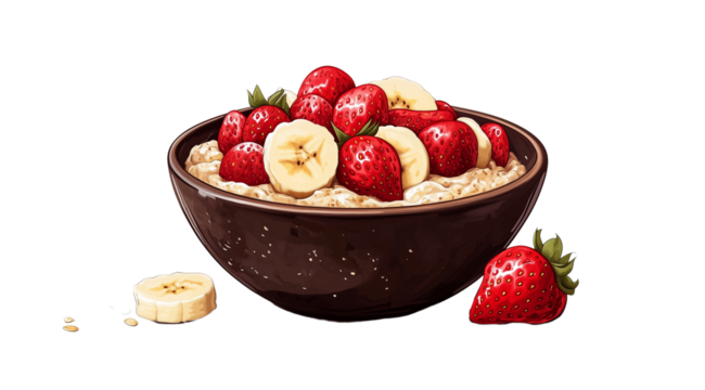 Drawn oatmeal with strawberries and banana slices in a dark bowl close up, created with Generative AI technology, PNG - Powered by Adobe