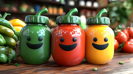 Three Cute Pepper-Shaped Bottles Smile Brightly on a Wooden Table, Ready to Spice Up Your Day.