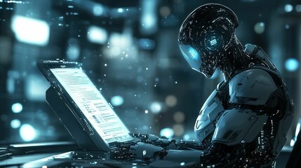 Fototapeta premium A futuristic robot interacts with a glowing interface in a high-tech environment filled with digital elements.