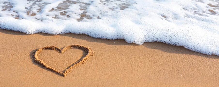 Valentine romance idea. A heart shape drawn in sand, edged by gentle ocean waves under a clear sky.