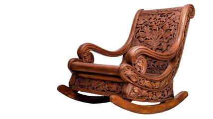 Elegant wooden rocking chair with intricate carvings. transparent background