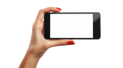 PNG, Gadget, smartphone in hand, isolated on white background, generated by Generative AI technology.