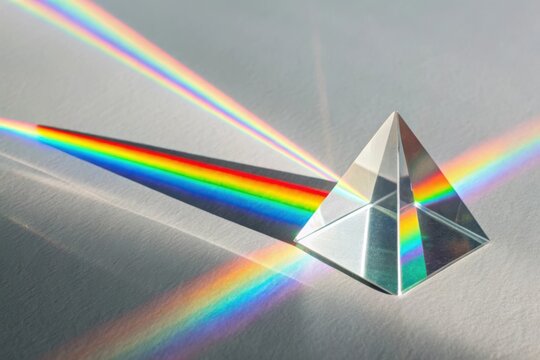 Colorful light spectrum refracted through glass prism on white surface