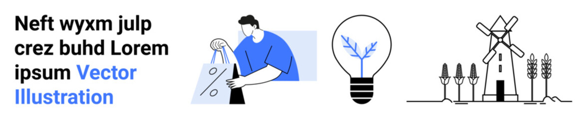 Person in blue shirt cutting energy-efficient template, illuminated light bulb with eco-pattern, windmill and crops. Ideal for sustainability, green energy, innovation, agriculture, environment