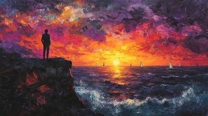 Fototapeta premium Person Silhouetted Against Vibrant Sunset Over Calm Ocean Waves