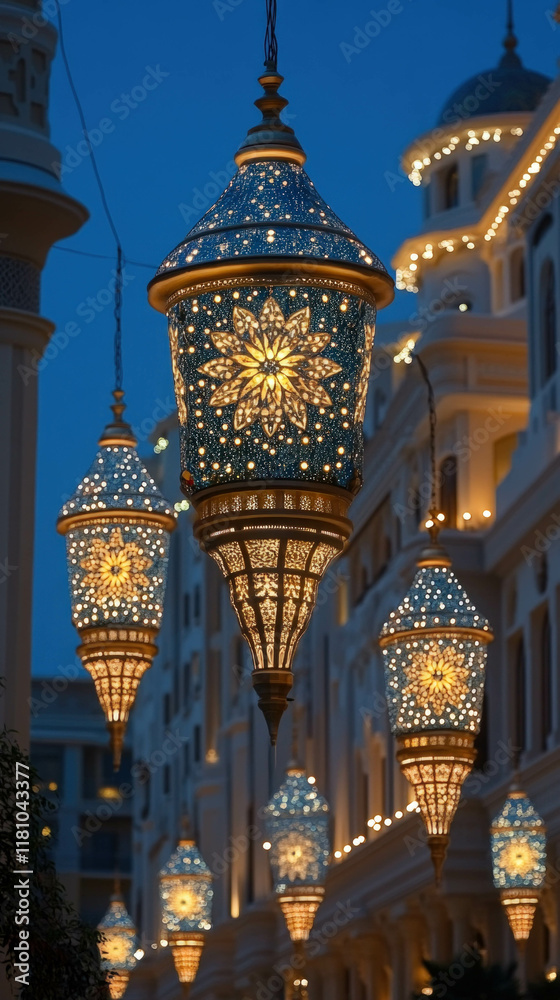 Wall mural A Festive Street Scene During Ramadan With Lights And Decorations, Perfect For Smartphone Wallpaper