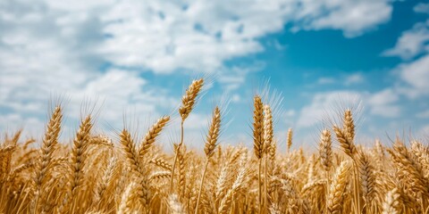 Fototapeta premium Stunning wheat field under a clear blue sky adorned with fluffy clouds, showcasing the beauty of the wheat field and its vibrant colors against the serene backdrop of nature.