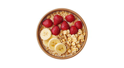 Cooked oatmeal with strawberries and banana slices in a wooden bowl, top view, created with Generative AI technology, PNG