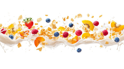 PNG, Splash milk and fruit, fruit in milk, isolated on white background, generated by Generative AI technology.