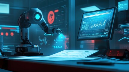 Robot tax filing in futuristic office digital workspace modern technology high-tech environment close-up view automation concept