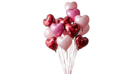 Valentine's Day, foil red and pink heart shaped balloons close up, created with Generative AI technology, PNG