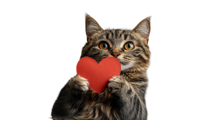 Valentine's Day, cat with a red paper heart in its paws close up, created with Generative AI technology, PNG