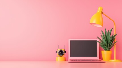Stylish Home Office Setup with Pink Background and Yellow Accents