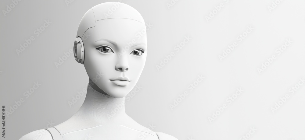 Poster realistic humanoid robot head with smooth features and neutral expression, showcasing advanced desig