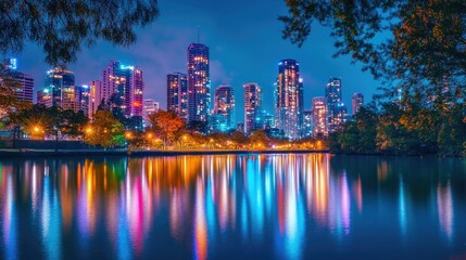 Naklejka premium A bright cityscape under a clear night sky, vibrant colors of buildings mirrored in a still river