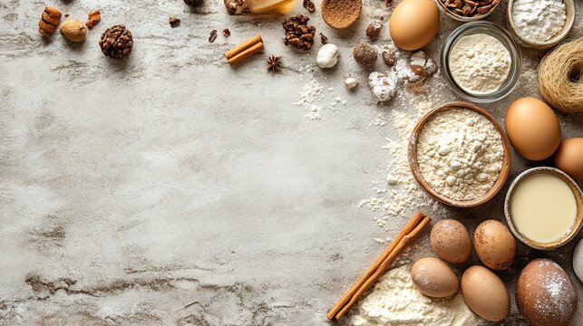 A flat lay of baking supplies kitchen background 